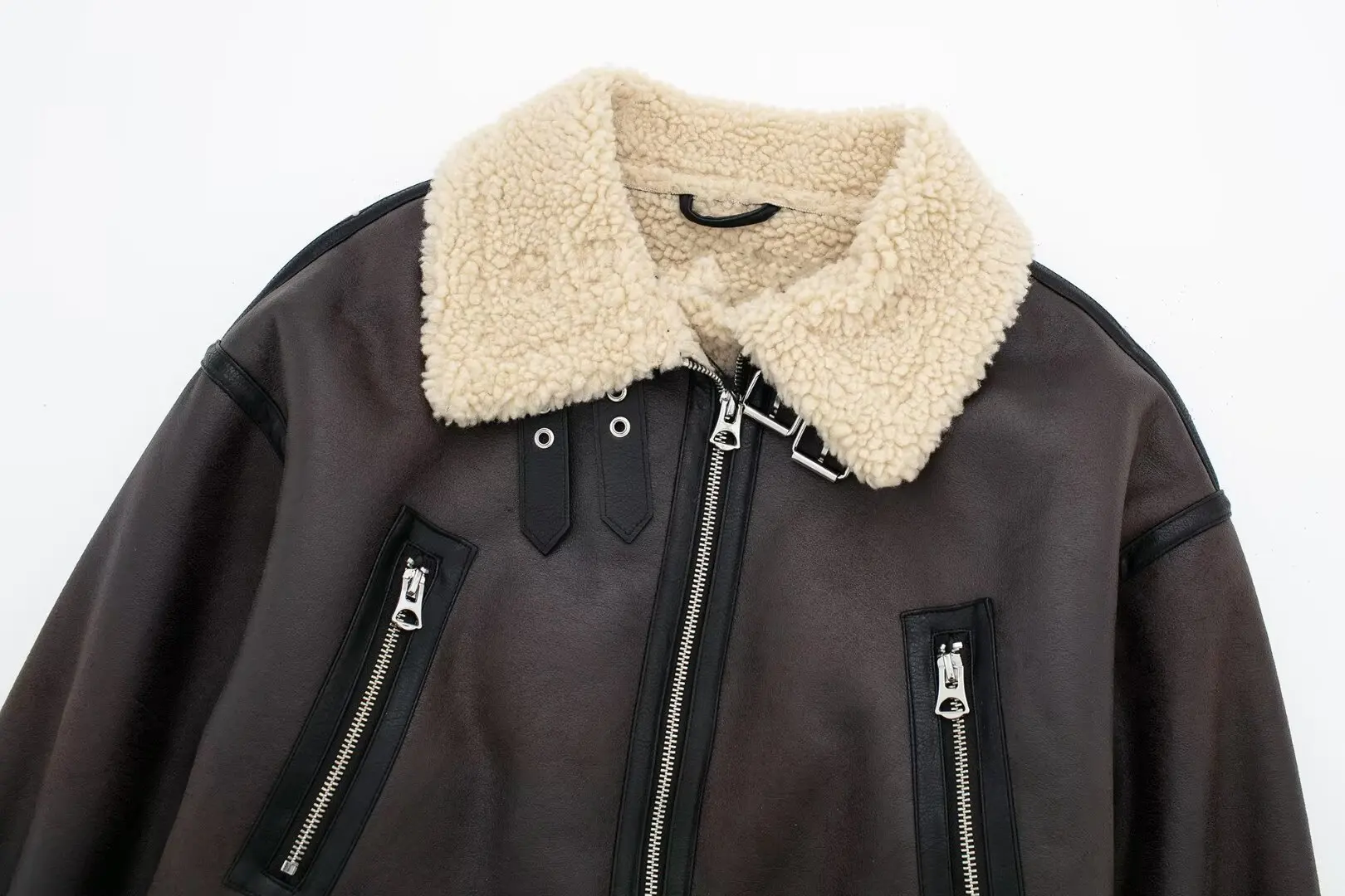 Женская теплая дубленка пальто с длинным рукавом откидным воротником молнией на