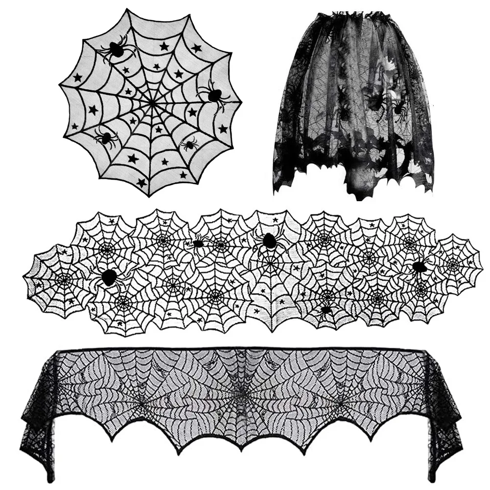 

Halloween Bat Table Runner Black Spider Web Lace Tablecloth Fireplace Curtains Halloween Party Home Decor Horror Props