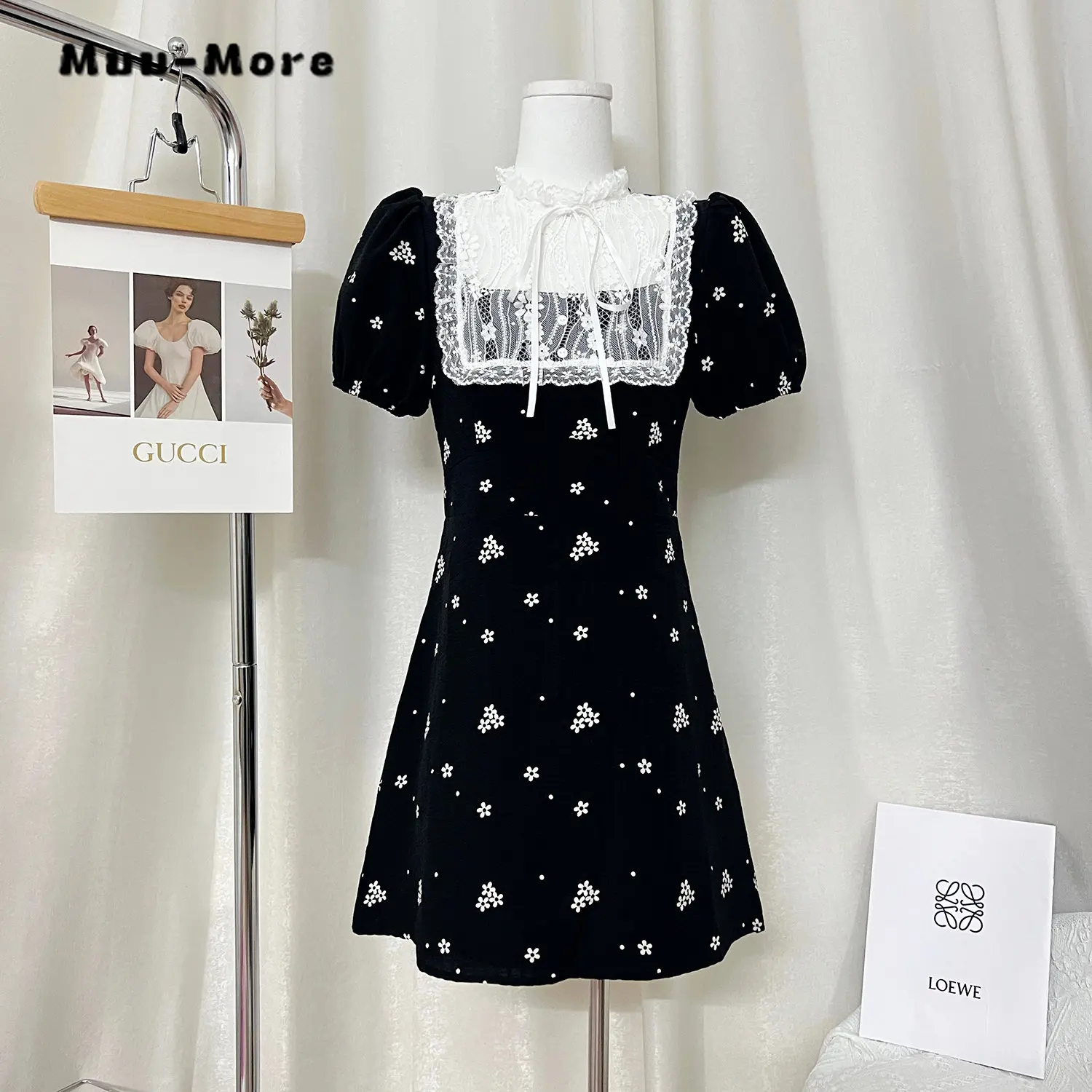 

Женское шифоновое мини-платье с цветочным принтом, кружевное элегантное платье в стиле High Street с высокой талией и рукавами-фонариками, лето ...