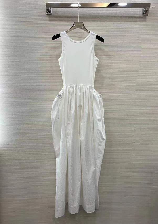2023 new women's fashion sleeveless crew neck vest splicing drawstring puffy pendulum casual long dress dress 0525