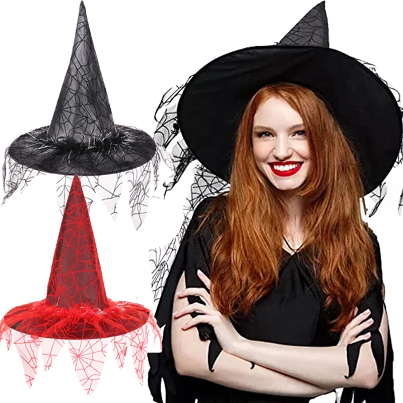 

Witch Hats with Spider Web Veil for Women Halloween Big Party Hats Wizard Hat Magican Hat Halloween Headdress Party Caps Favors