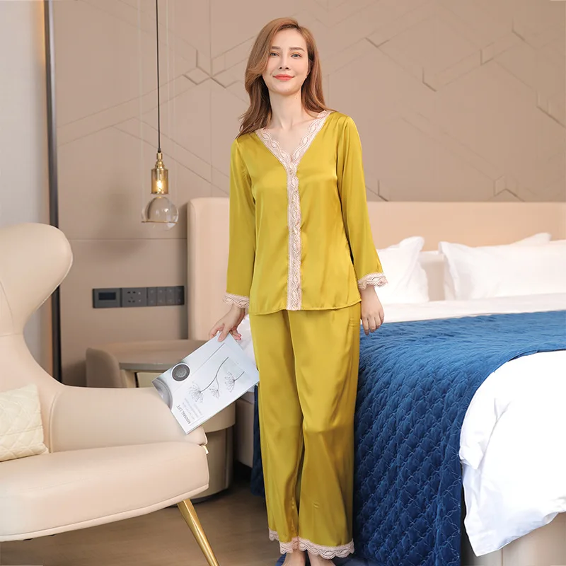 Ice And Snow Silk99%Long Sleeved Mature Silk Pajamas From Europe And America, Lace Sexy Winter Women's Home Wear, New Pajama Set