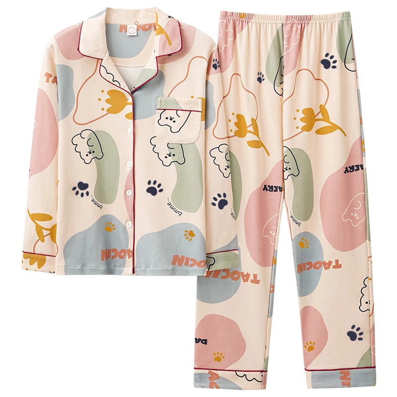 Cotton Pajamas Women Summer Long-sleeved Trousers Two-piece Suit Women's Satin Loose Printed Home Wear Casual Fashion Pajamas