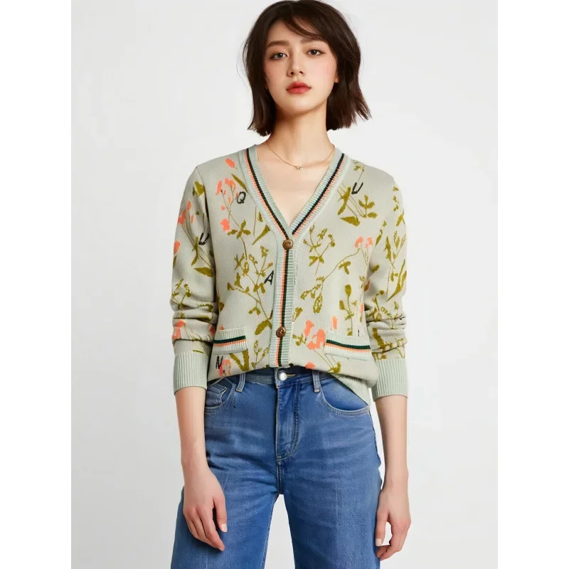 Винтажный жаккардовый вязаный кардиган в китайском стиле Женская модная куртка