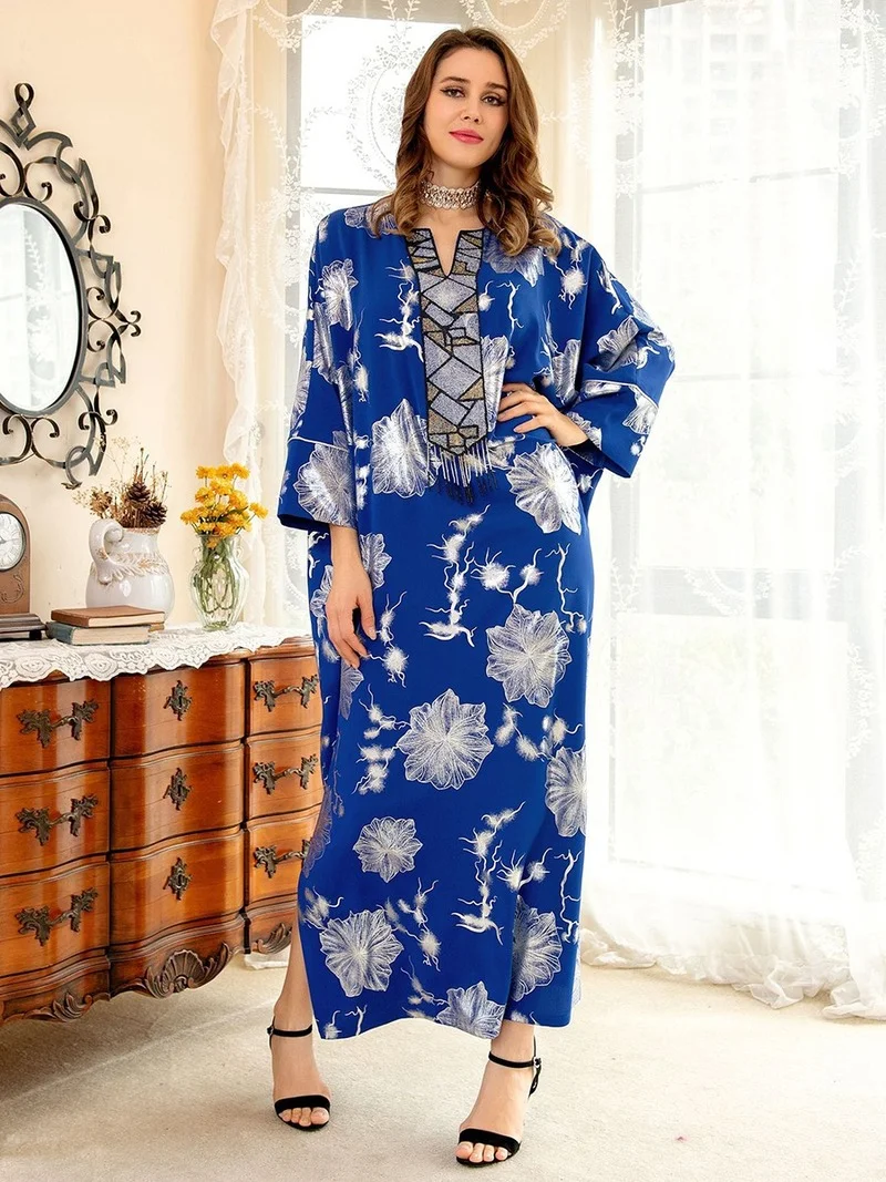 AIB-364 Woman Dress Ramadan Diamonds Bat Sleeve Dubai Turkish Islamic Long Kimono Abaya Oversized Gowns Solid Moroccan Kaftan