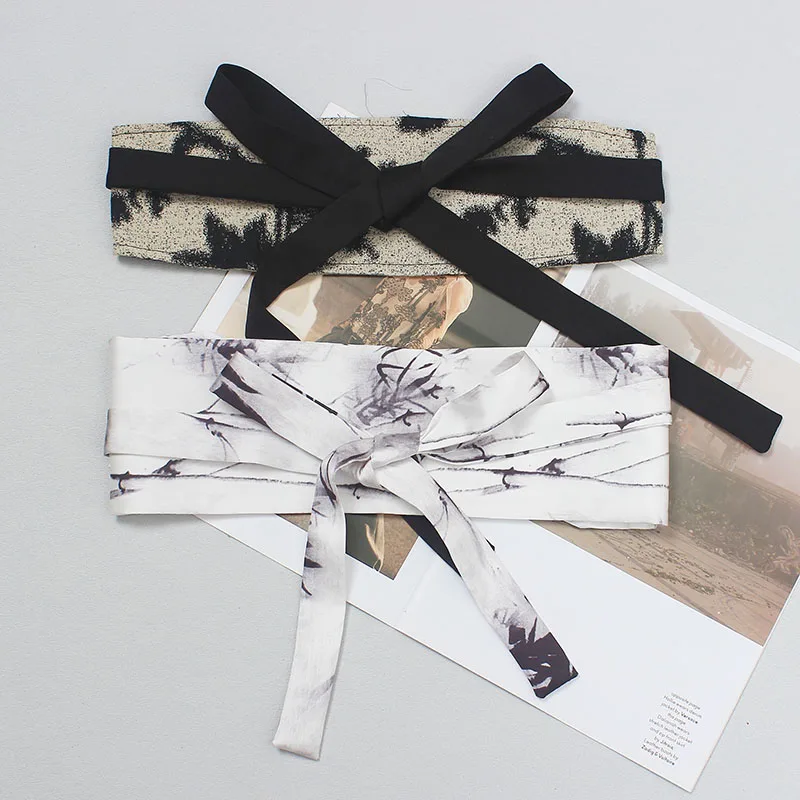 Orginal Chinese Design Black Bamboo Painting Fabric Waist Belts for Women Wide Corset Selt-tie Bow Waistband Cinturones Ceinture