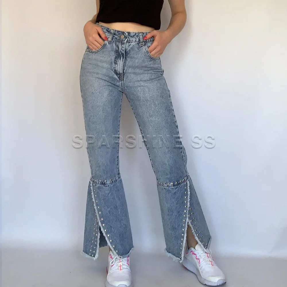 

Женские джинсы-клеш с необработанным подолом, длинные облегающие джинсы с высокой талией, модные джинсовые брюки с разрезом для весны и осени