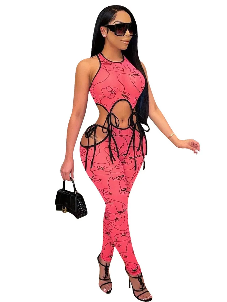

Женский Облегающий комбинезон с принтом, сексуальная одежда без рукавов для ночных клубов, облегающий Длинный комбинезон с высокой талией и шнуровкой