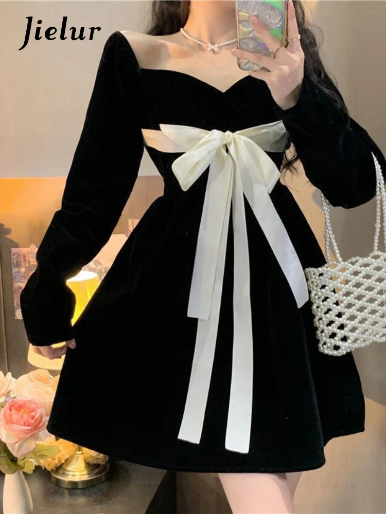 

Jielur Autumn Black Gothic Lolita Dress Women Patchwork Sexy Party Mini Dress Female Korean Casual Vintage Kawaii Dress 2022