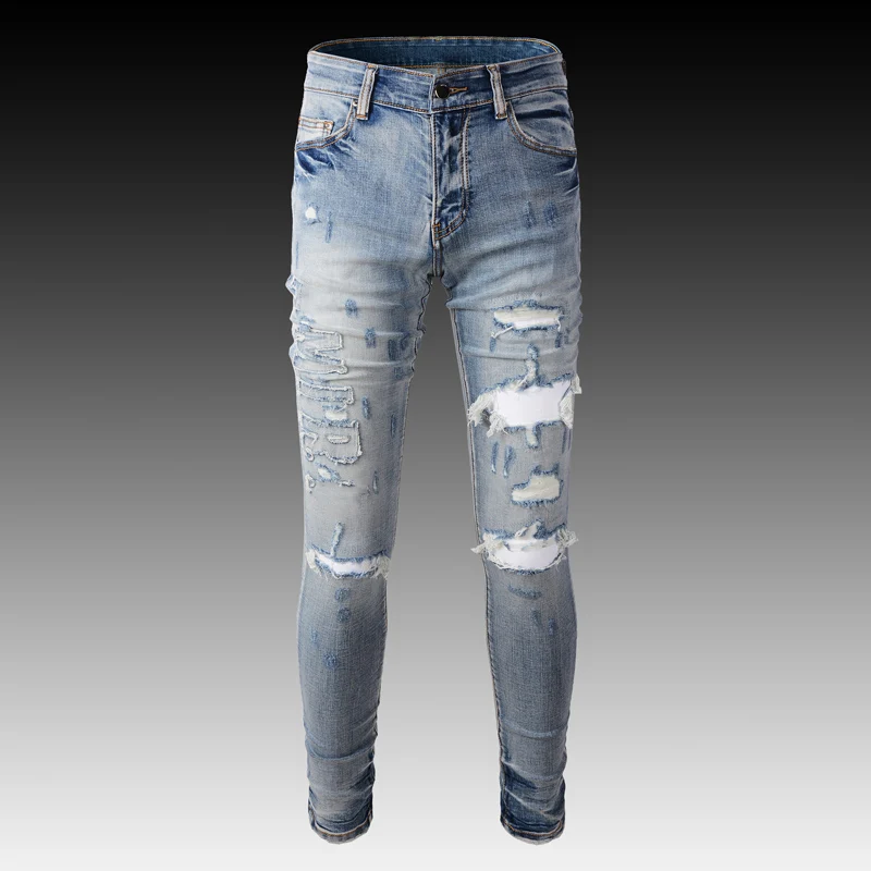 High Street Fashion Men Jeans Light Blue Elastic Embroidery Destroyed Ripped Jeans Men Brand Patch Designer Hip Hop Denim Pants