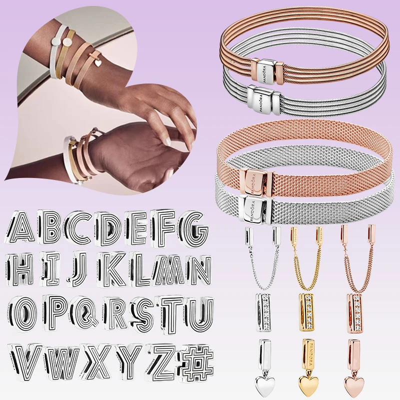 

100% 925 Sterling Silver Braided Ring Bracelet With 26 Letter Beads Original Logo DIY Jewelry Charm Gift For Girls