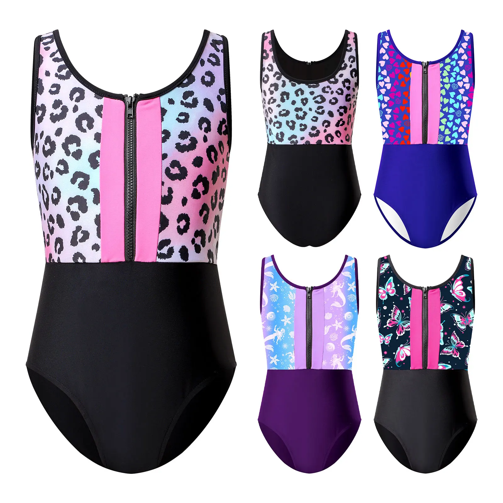 Summer Girls Swimsuit Kids Sleeveless Print Zipper One-piece Jumpsuit Bodysuit Surfing Swimming Bathing Suit Pool Beach Swimwear