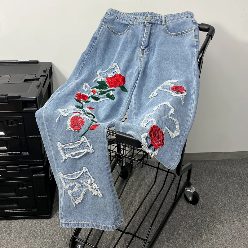 Korean Style Streetwear Rose Cross Embroidered Men Jeans Trousers Y2k Vintage Distressed High Street Loose Straight Denim Pants