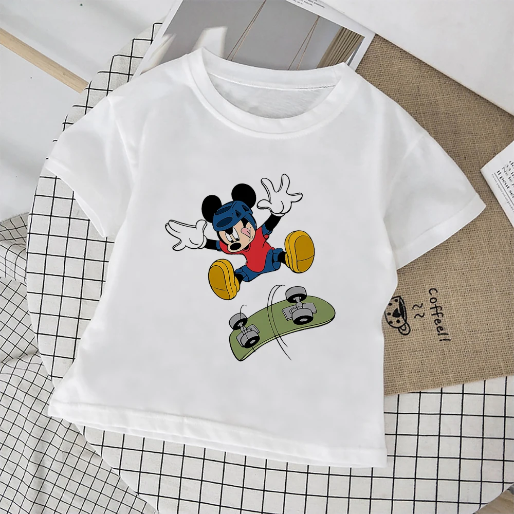 

Disney Hot Sell Kid T-Shirt Skateboard Boy Mickey Mouse Print White Popular Exquisite Comfy Child T Shirt Carton Graphic Clothes