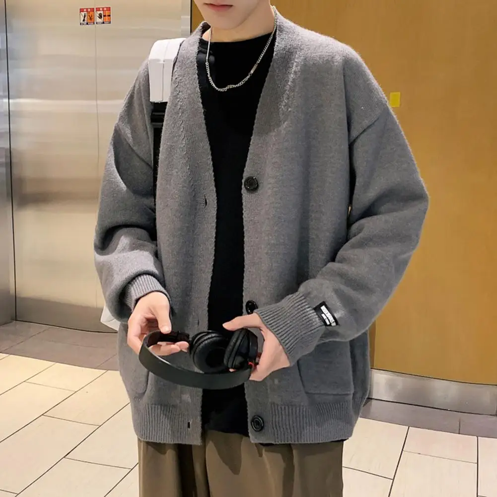 

Solid Color Single-breasted Men Sweater Loose Bouncy Long Sleeves V Neck Sweater Coat Knitting Warm Winter Coat For Office