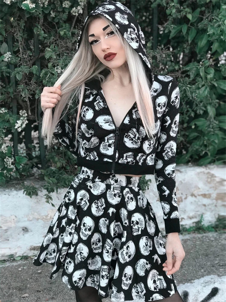 

Gothic Punk Grunge Skull Print Top Sets Y2K Streetwear Sexy V Neck Long Sleeve Tops Goth High Waist A Line Mini Skirt 2Pcs Suit