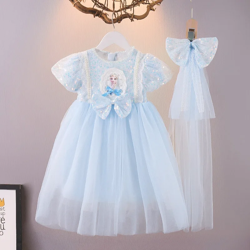 

Cute Bow Elsa Princess Dresses for Girls 4-7 Years Birthday Party Short Sleeve Frozen Costume Children's Prom Dress Vestidos