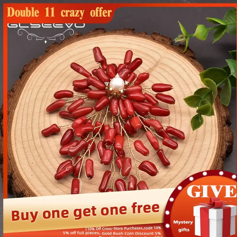 

GLSEEVO Pure Natural Coral Brooch Woman Coral Branch Shape Brooch Wedding Party Boutique Noble Jewelry Handmade GO0394