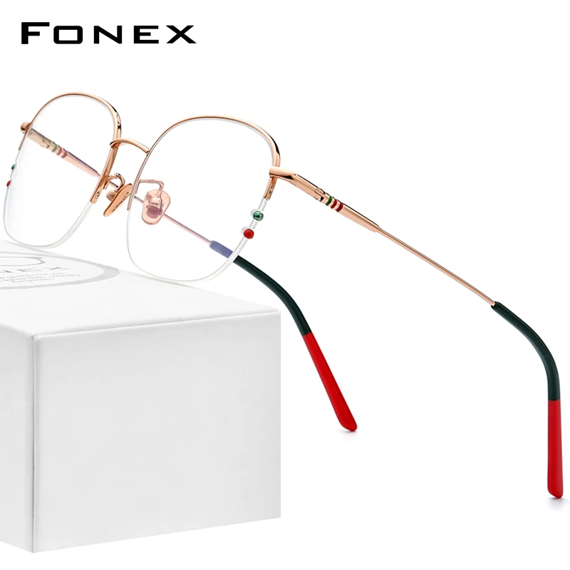 FONEX Titanium Glasses Frame Women 2023 New Semi Rimless Oversize Square Prescription Eyeglasses Half Rim Optical Eyewear F85715