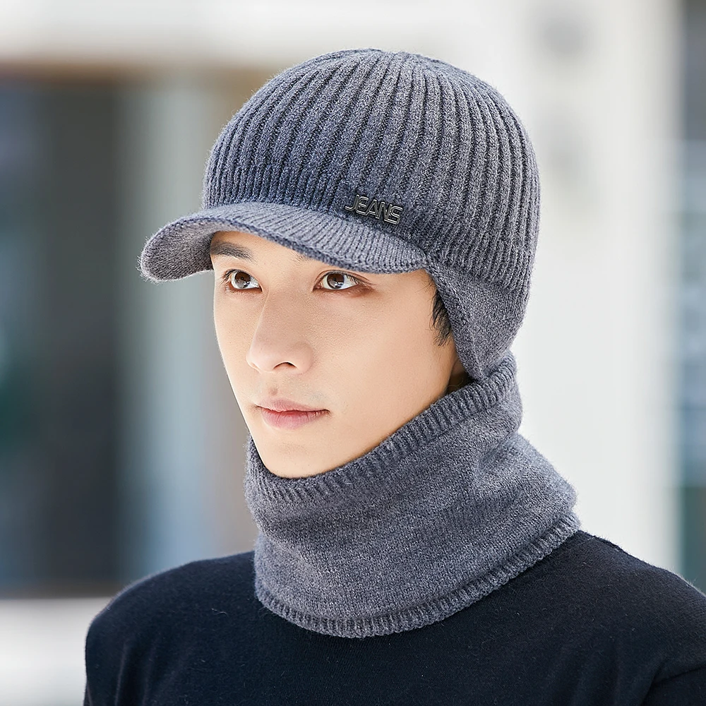 

Новая зимняя шапка унисекс с защитой ушей, модная Шапка-бини, набор шарфов для мужчин, уличная шапка-ушанка, Классическая сохраняющая тепло ...