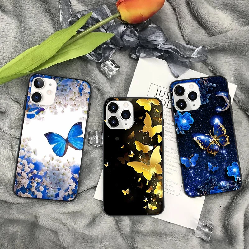 

Bling blue butterfly Phone Case for iPhone 11 12 13 mini pro XS MAX 8 7 6 6S 5s Plus X SE XR 2020