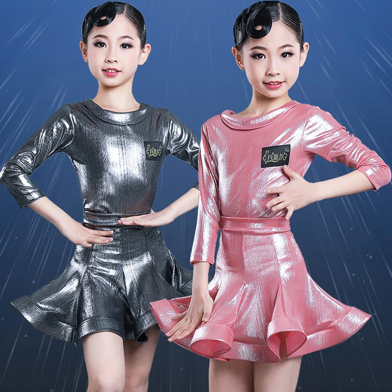 

Girls Latin Dance Costume Kids Modern Latin Ballroom Party Dancing Dress Child Dancing Dress Dancewear PU Stage Clothes SL6763