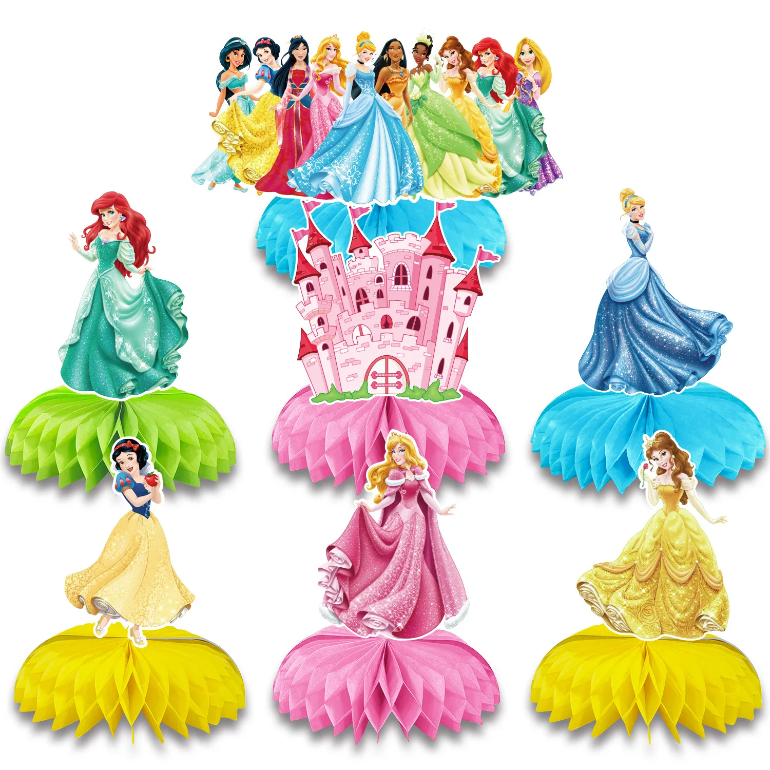 

7pcs Disney Princess Honeycomb Center Decorations Snow White Ariel Cinderella 3D Table Girls Baby Shower Birthday Party Supplies