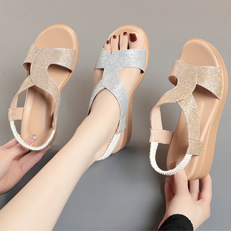 Rhinestones Women Bling Sandals Wedge New Fashion Roman Hollow Large Sizes Sandals Women Women's Summer Female Sandals