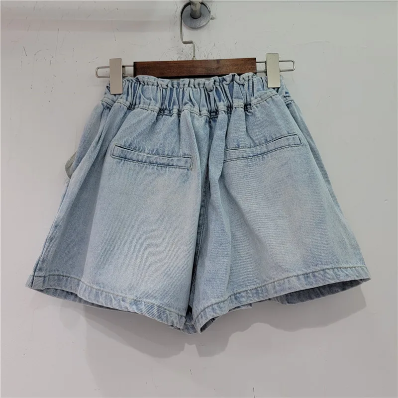 Streetwear Exquisite Rhinestone Beaded Color Heart High Waist Jeans Shorts Loose Slimming Denim Shorts Women Summer Short Pants