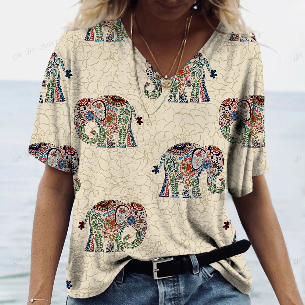 

Graphic T-shirt Print T Shirt Short Sleeve Summer Clothes Women Elephant Bohemian Trend 90s Clothing Fashion Basic Tee Top