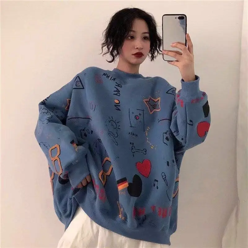 

MINGLIUSILI Kawaii Cartoon Print Korean Fashion Harajuku Style Pullover 2023 Spring New Long-sleeved T-shirt Oversized T-shirt