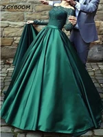 elegant arabic muslim long sleeves lace royal green boat neck formal evening dresses 2022 off the shoulder satin prom gowns