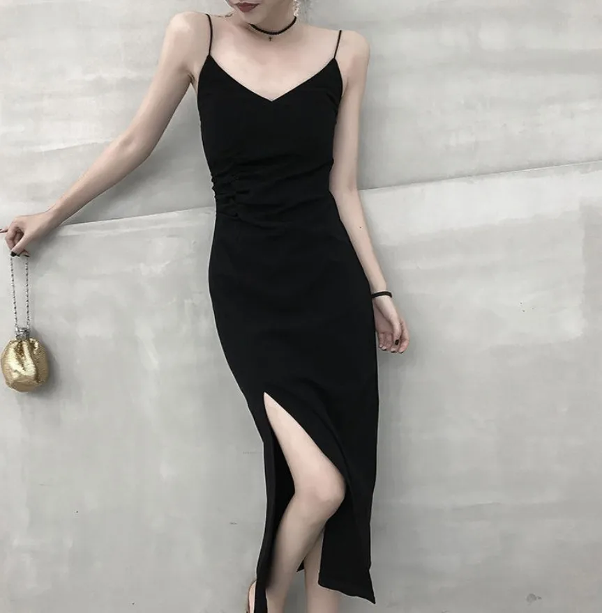 

Women Summer Sexy Black Spaghetti Strap Dress Party Night Club Sleeveless Slim Body Base Dress Female Korean Solid Color Dresses