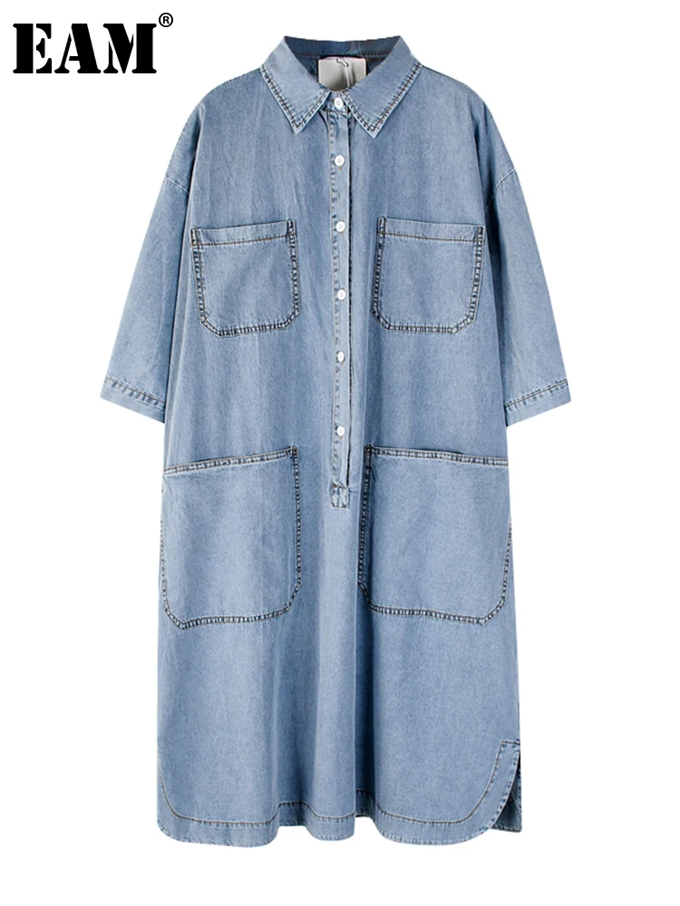 

[EAM] Women Blue Denim Big Size Long Shirt Dress New Lapel Three-quarter Sleeve Loose Fit Fashion Spring Summer 2022 1DE8336