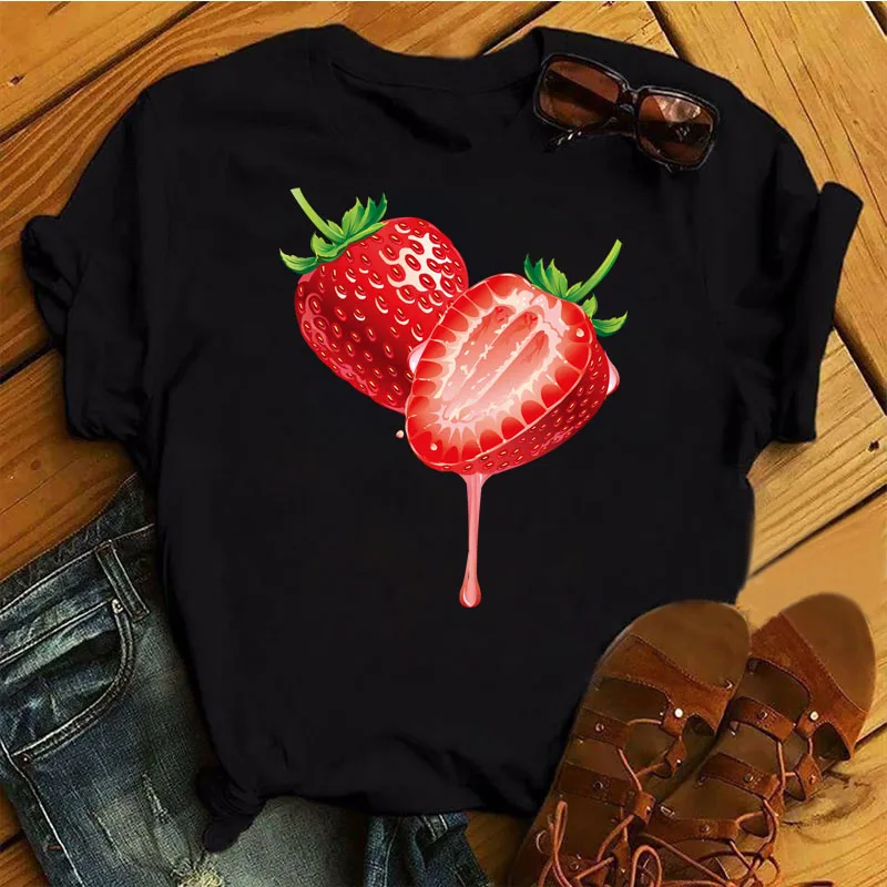 

Women Casual Tops Cartoon Cute Fruit Printed T-shirt Female Ladies Summer O-neck T-shirts Women New Black T-shirt Harajuku Tops