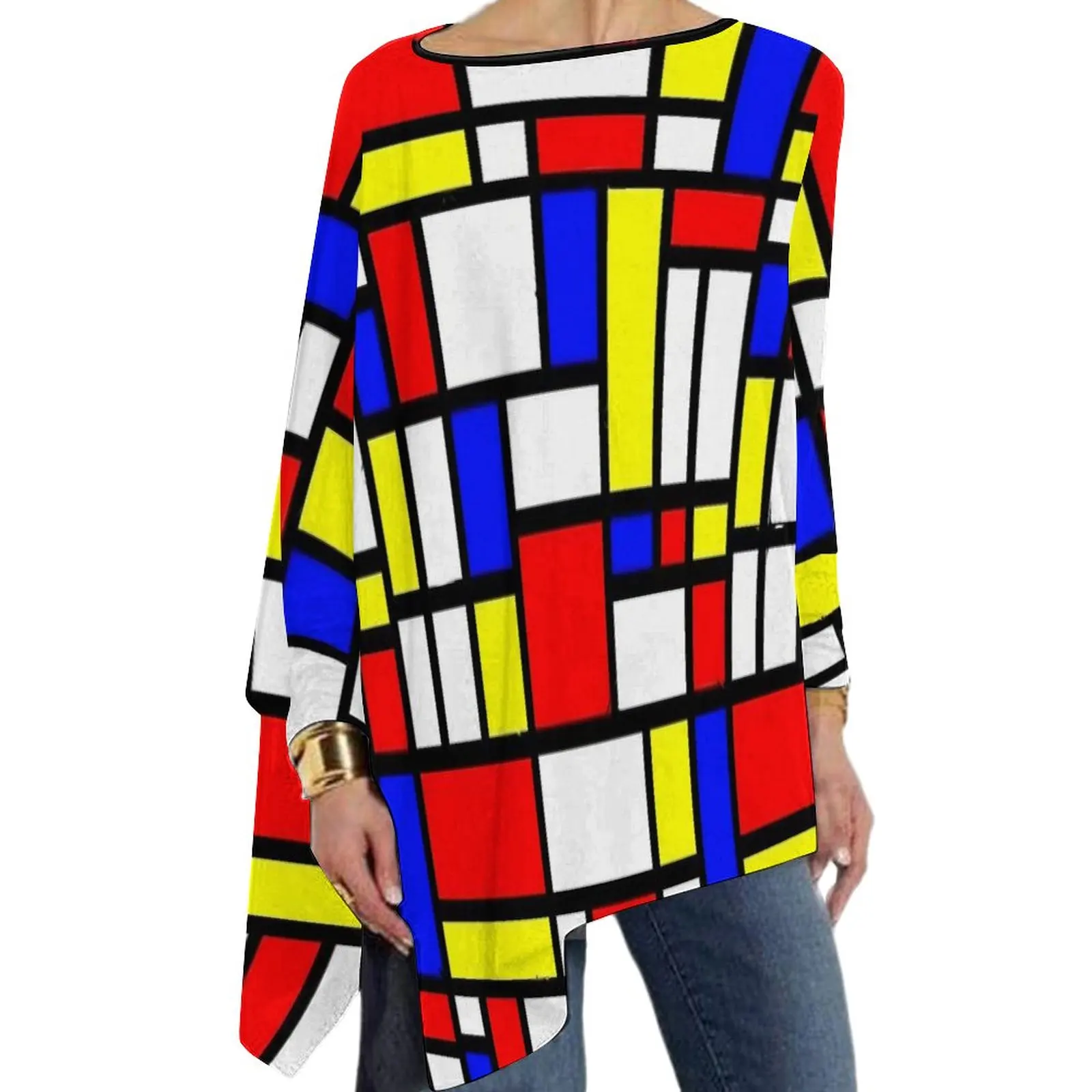 

Colorful Geo Print T Shirt Geometric Patchwork Cute Long Sleeve T-Shirts Womens Loose Tshirt Oversize Graphic Tees