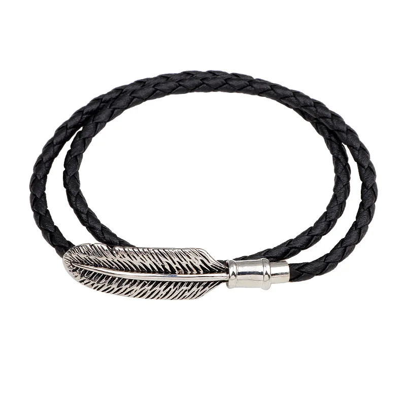 

Kirykle Leather Braided Double Row Handmade Style Metal Feather Clasp Bracelet For Women