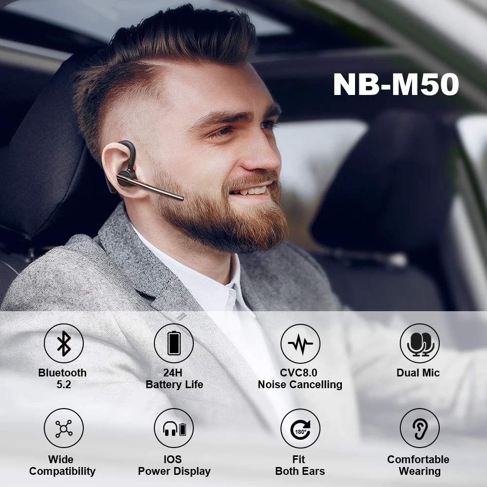 New Bee M50 Bluetooth 5.2 Headset Wireless Earphones Headphone with Dual Mic Earbuds Earpiece CVC8.0 Noise Cancelling Hands-free