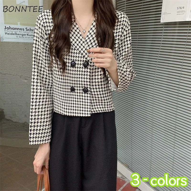 

Autumn Blazers Women Ropa Mujer Houndstooth Retro Notched Office Lady Temper Elegant Chic Cropped Fashion All-match Popular Ins