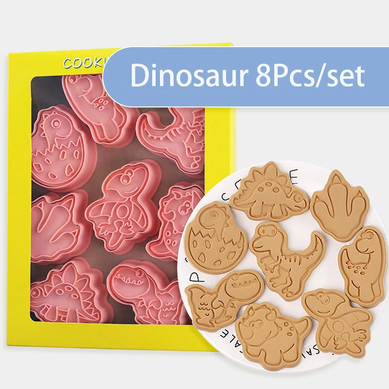 

Cartoon Dinosaur Cookie Mold Set 8Pcs Plastic Cookie Cutter Biscuit Stamp Mold 3D Pressable Fondant Cake Baking Pastry Tools