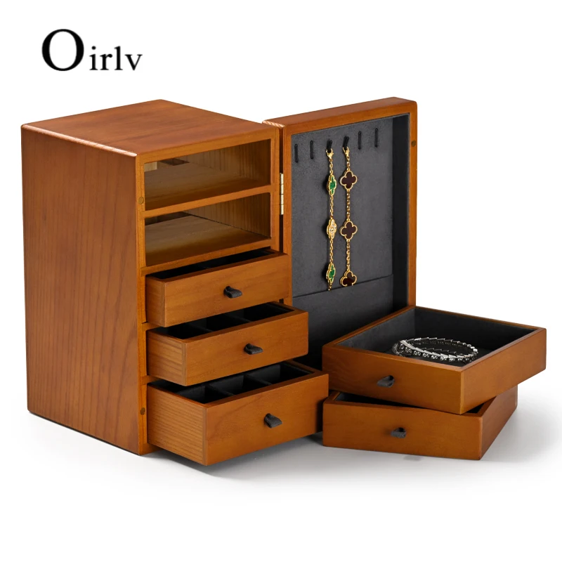 Oirlv Newly 5 Layers Wooden&Microfiber Jewelry Organizer Box Bracelet Display Stands Ring Watch Storagecase
