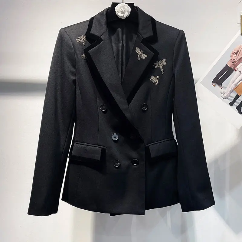 Классический дизайнерский черный блейзер с вышивкой модный двубортный