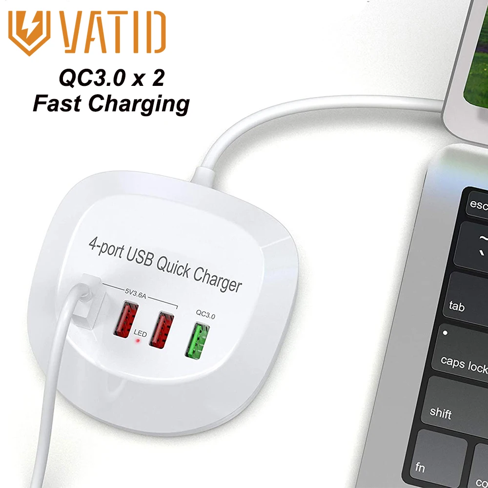 

Vatid 4 Ports USB Charger QC3.0 Fast Charging 36W 2.4A Phone Charger Desktop Charging Station for iPhone iPad Samsung Xiaomi