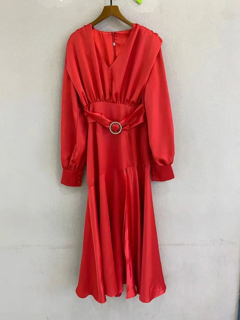 New 2022 Autumn Long Dress High Quality Women V-Neck Ring Belt Deco Long Sleeve White Blue Purple Red Black Long Maxi Dress