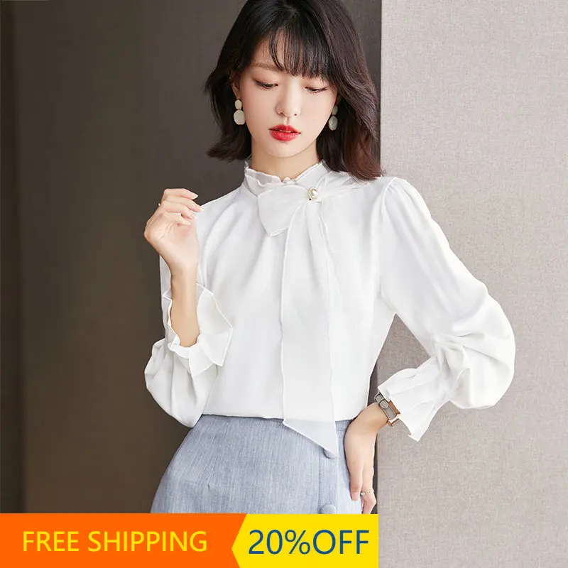 

Шифоновые женские блузки, летние однотонные Модные свободные рубашки с длинным рукавом-бабочкой и бантом, топ с оборками в Корейском стиле, ...