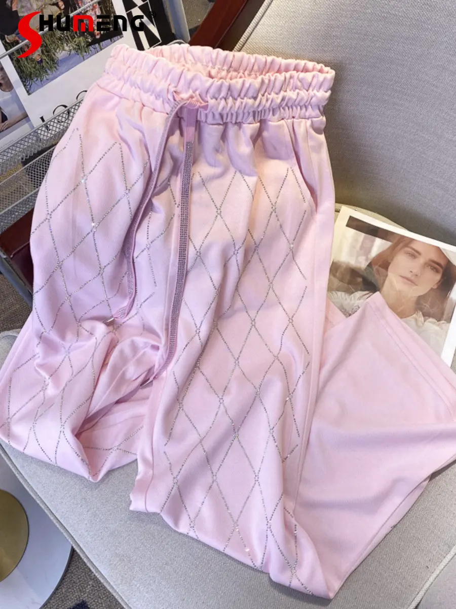Sweet Pink High Waist Rhinestone Loose Sweatpants Female 2023 Spring Summer Thin Straight Casual Pants Femlae Pantalones Mujer