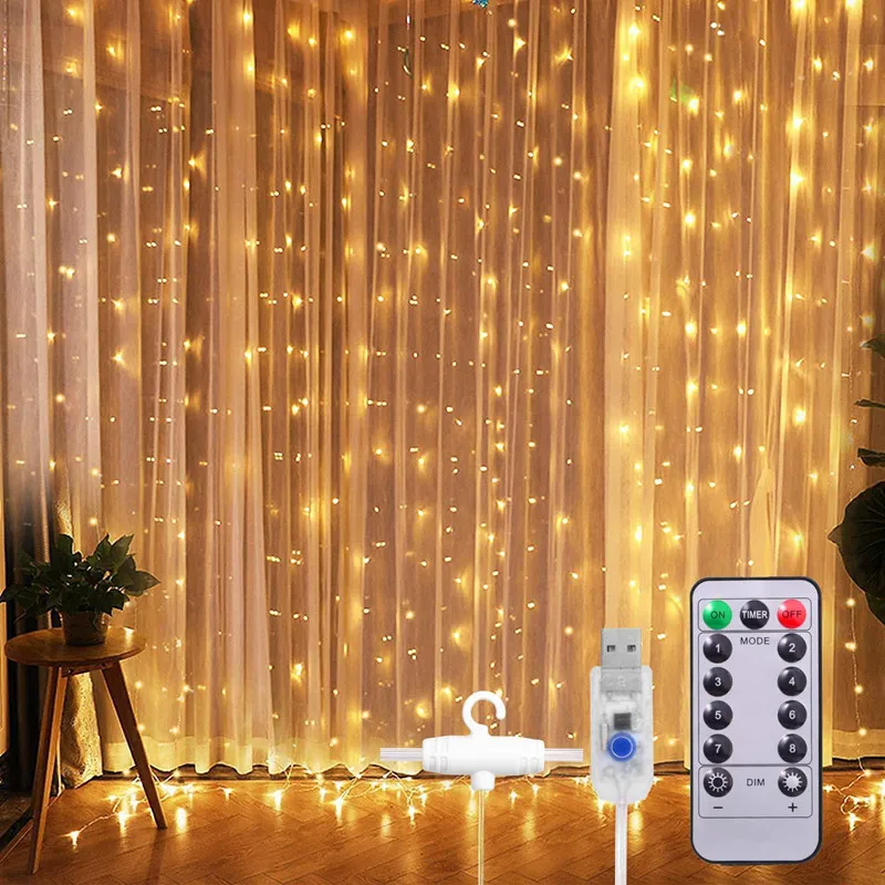 

Christmas Curtain Lights Garland 300cm USB 300 LED Lamps 8 Modes Remote Control for Wedding Party Holidays Ornaments Xmas