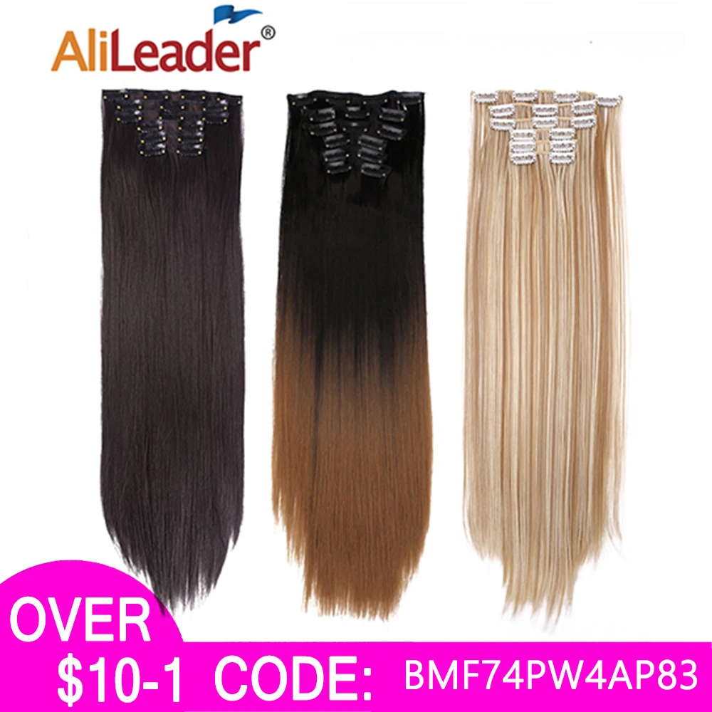 Alileader Synthetic Clip On Hair Extension 6Pcs/Set 22inch Straight Hairpiece Curly 16 Clip In Hair Ombre Heat Resistant Fiber