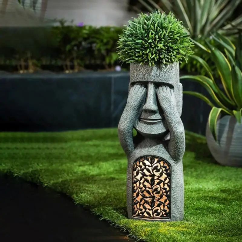 

See Hear Speak No Evil Garden Easter Island Statues Creative Resin Sculpture Outdoor Decoration Home Vase Statue Decor Figurine