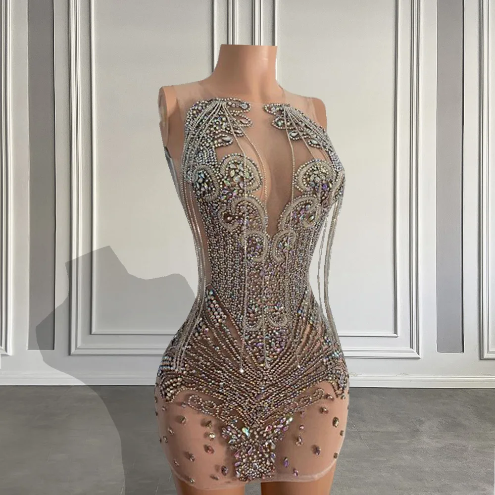 

Real Sample Short Prom Dresses 2022 Sheer Neckline See Through Crystals Sparkly African Women Mini Cocktail Brithday Party Gowns